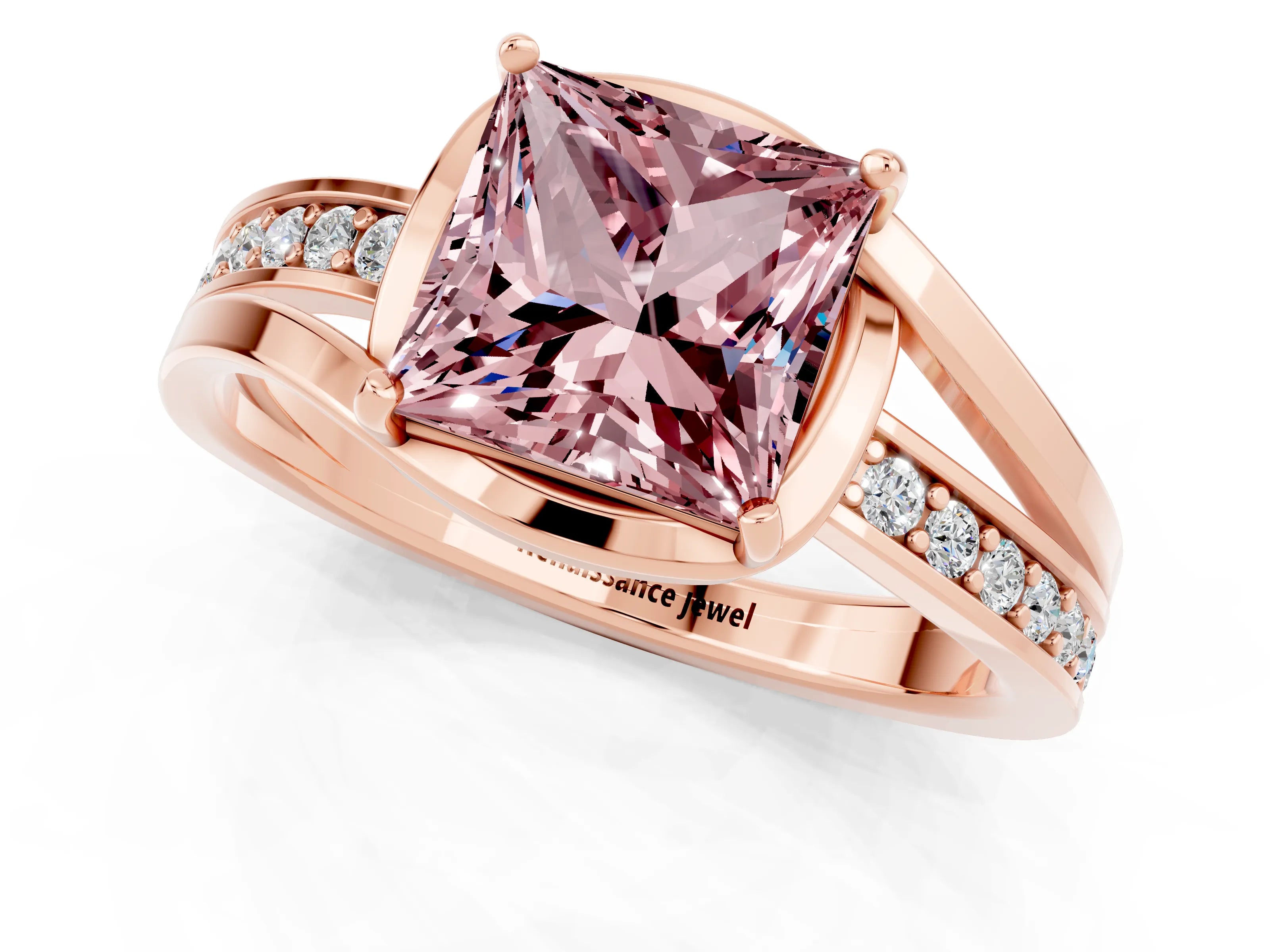 Rose gold Princess Cut Morganite Solitaire Ring with Split Shank and Prong Setting_1