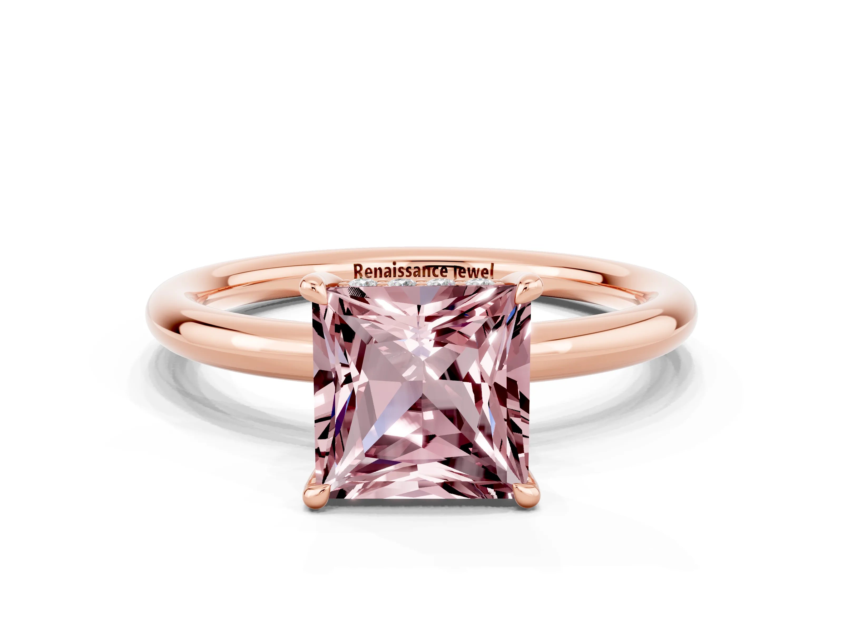 Rose gold Princess Cut Morganite Solitaire Ring with Thin Band and Four-Prong Setting