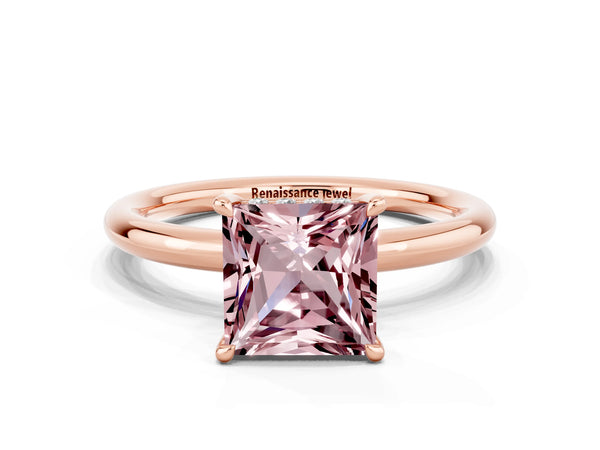 Rose gold Princess Cut Morganite Solitaire Ring with Thin Band and Four-Prong Setting