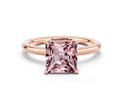 Rose gold Princess Cut Morganite Solitaire Ring with Thin Band and Four-Prong Setting