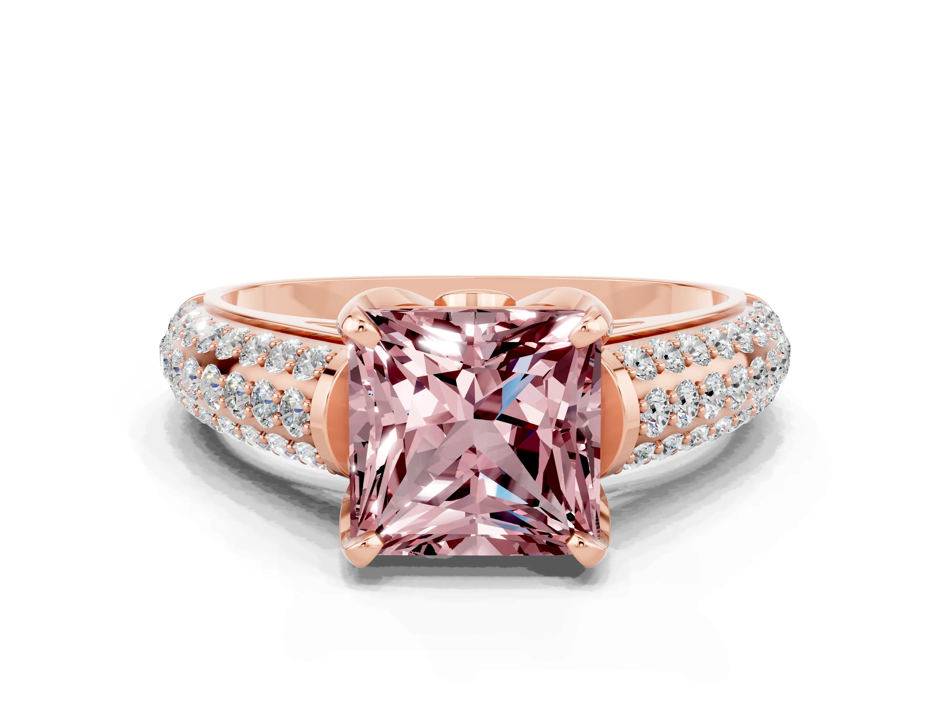 Rose gold Princess Cut Morganite Solitaire Ring with Three-Row Pavé Band and Four-Prong Setting_12