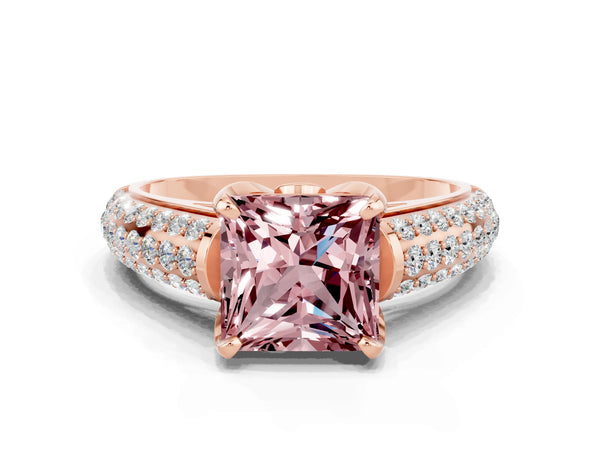 Rose gold Princess Cut Morganite Solitaire Ring with Three-Row Pavé Band and Four-Prong Setting