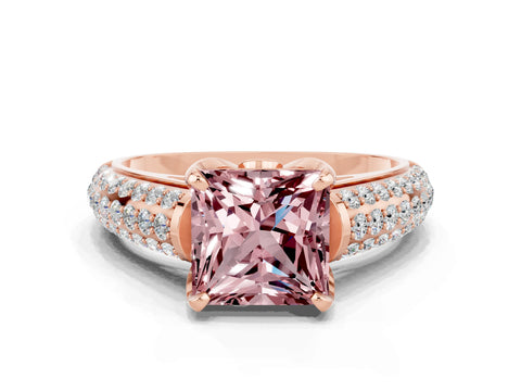 Rose gold Princess Cut Morganite Solitaire Ring with Three-Row Pavé Band and Four-Prong Setting_12