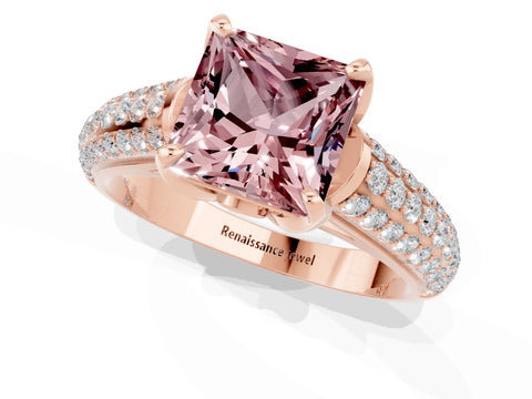Rose gold Princess Cut Morganite Solitaire Ring with Three-Row Pavé Band and Four-Prong Setting_13