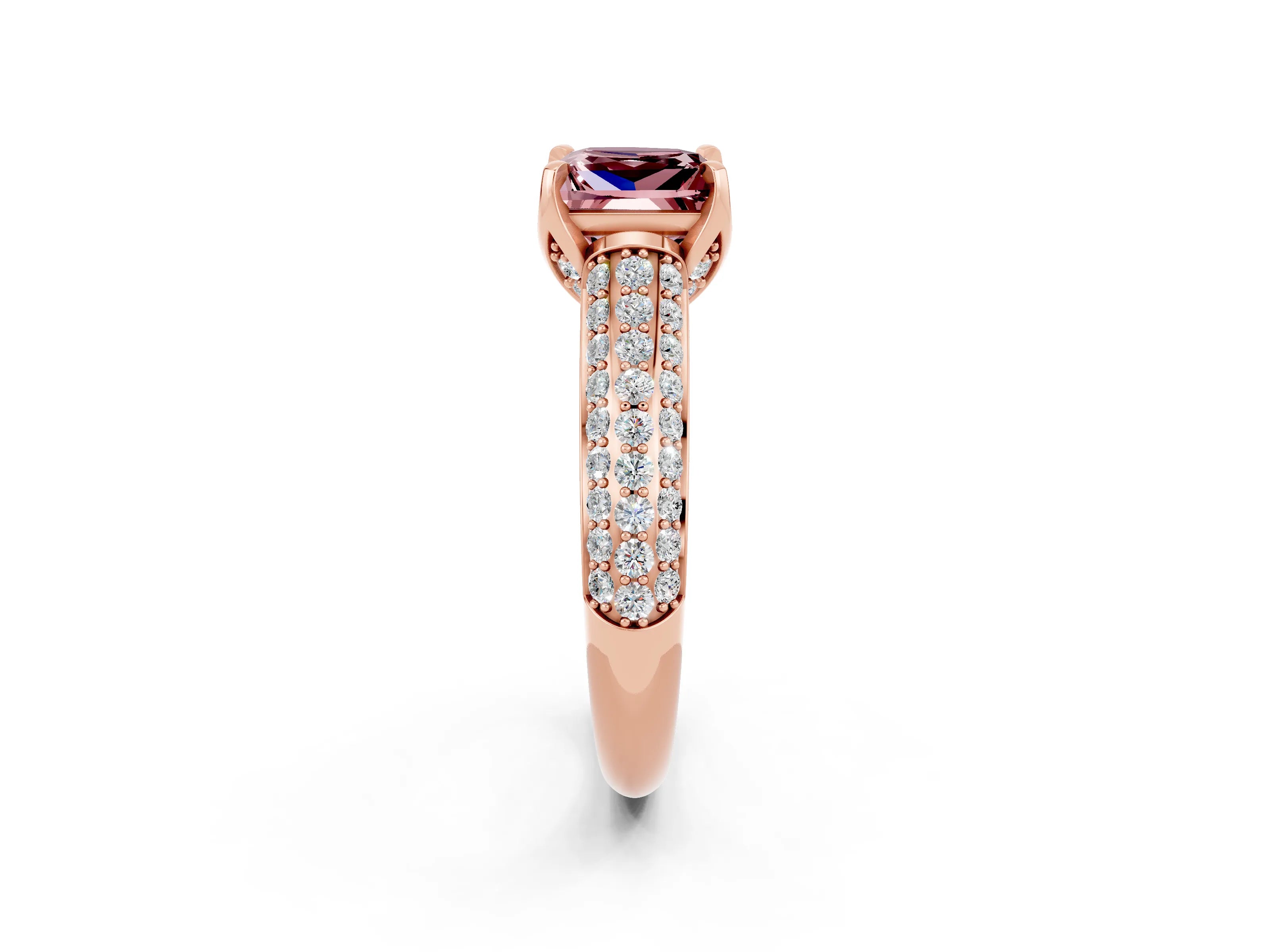 Rose gold Princess Cut Morganite Solitaire Ring with Three-Row Pavé Band and Four-Prong Setting_14