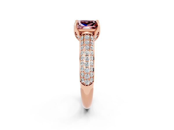 Rose gold Princess Cut Morganite Solitaire Ring with Three-Row Pavé Band and Four-Prong Setting