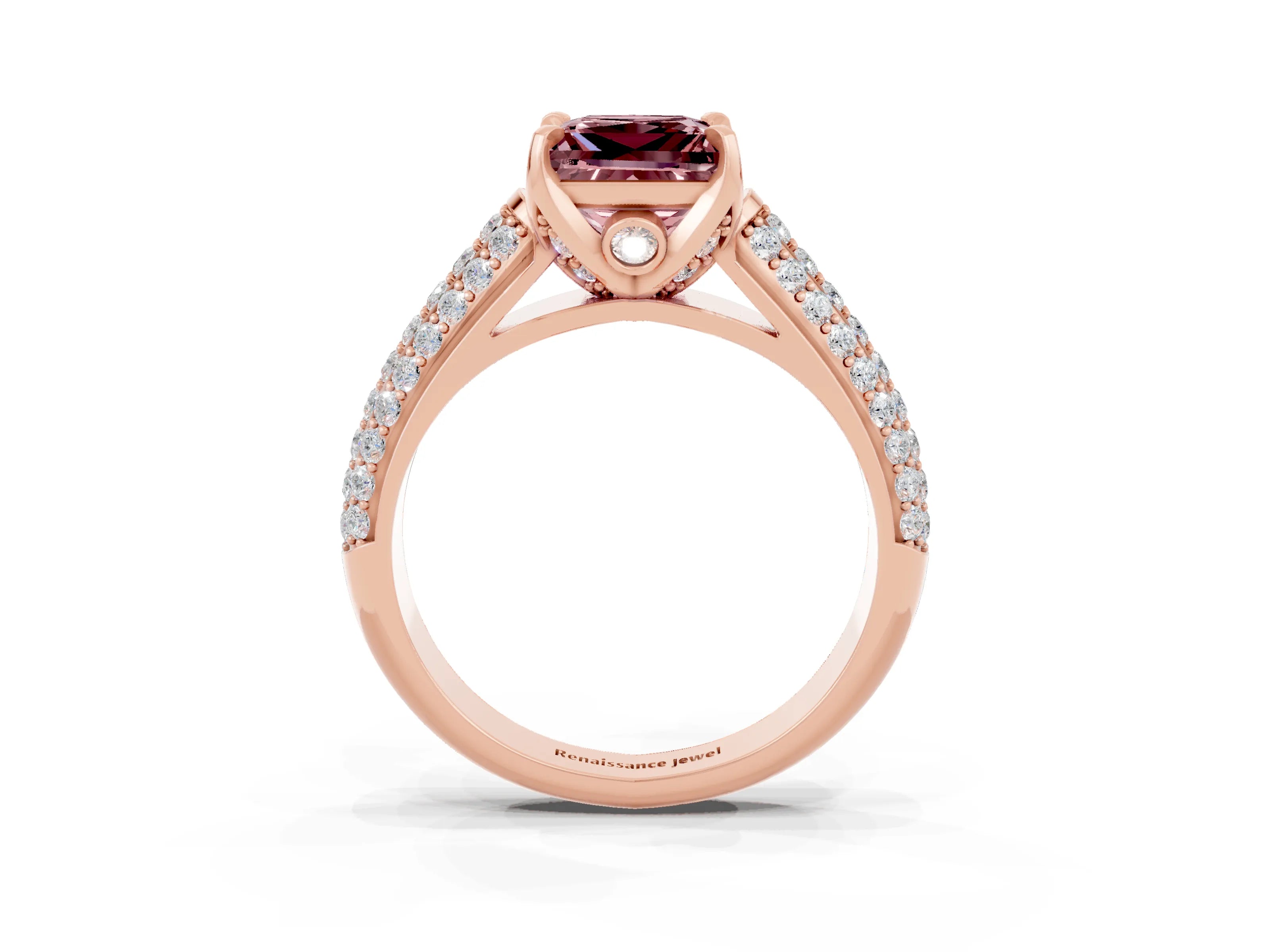 Rose gold Princess Cut Morganite Solitaire Ring with Three-Row Pavé Band and Four-Prong Setting_15