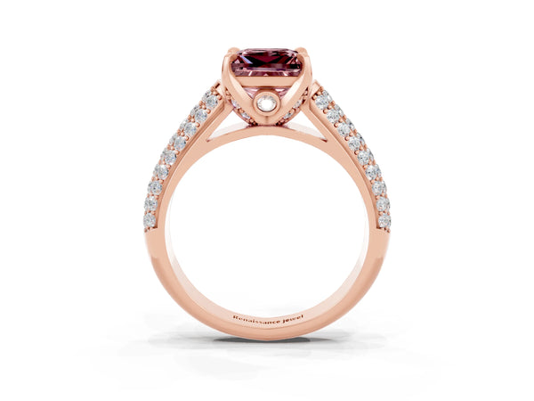 Rose gold Princess Cut Morganite Solitaire Ring with Three-Row Pavé Band and Four-Prong Setting