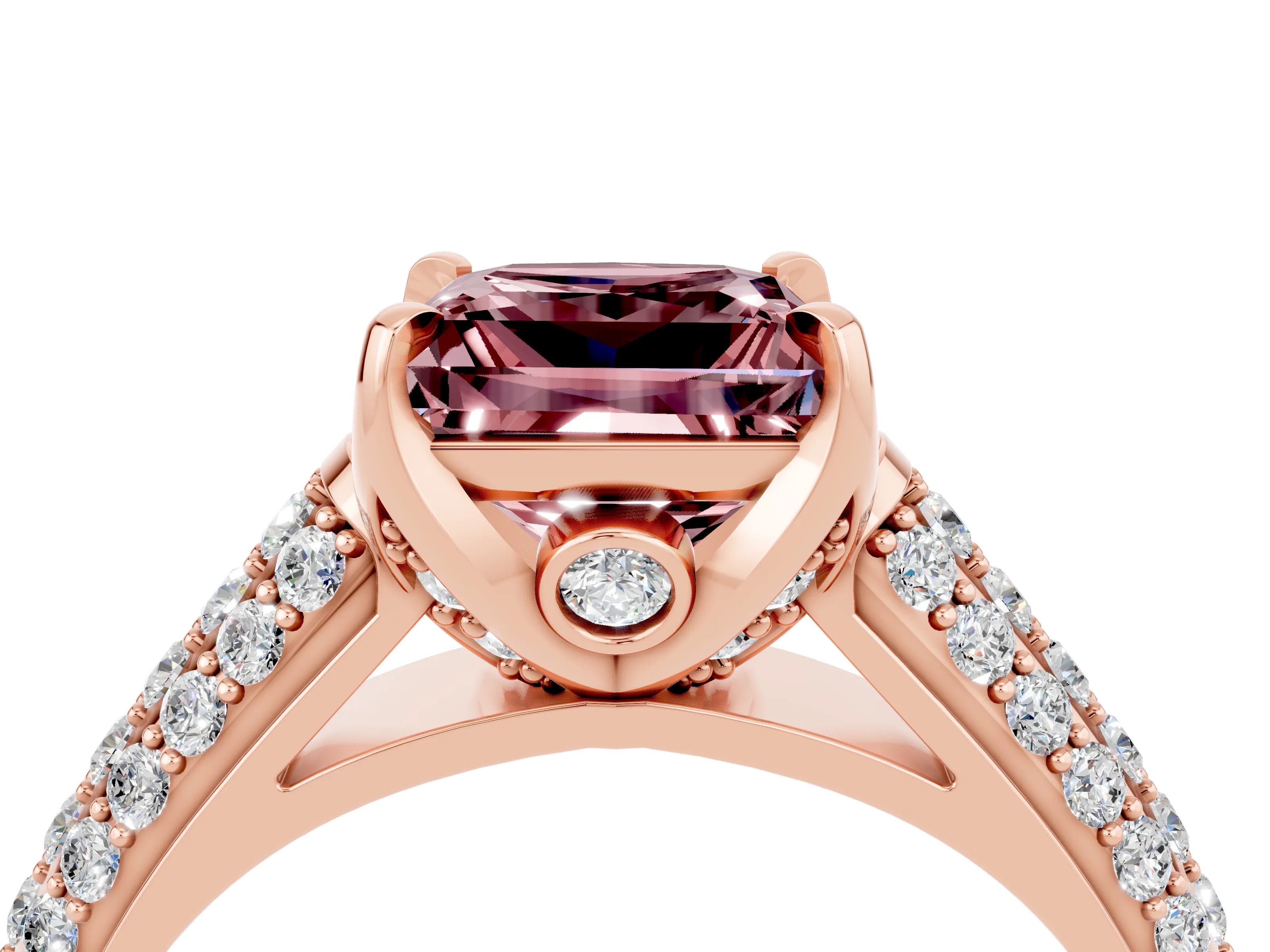 Rose gold Princess Cut Morganite Solitaire Ring with Three-Row Pavé Band and Four-Prong Setting_16