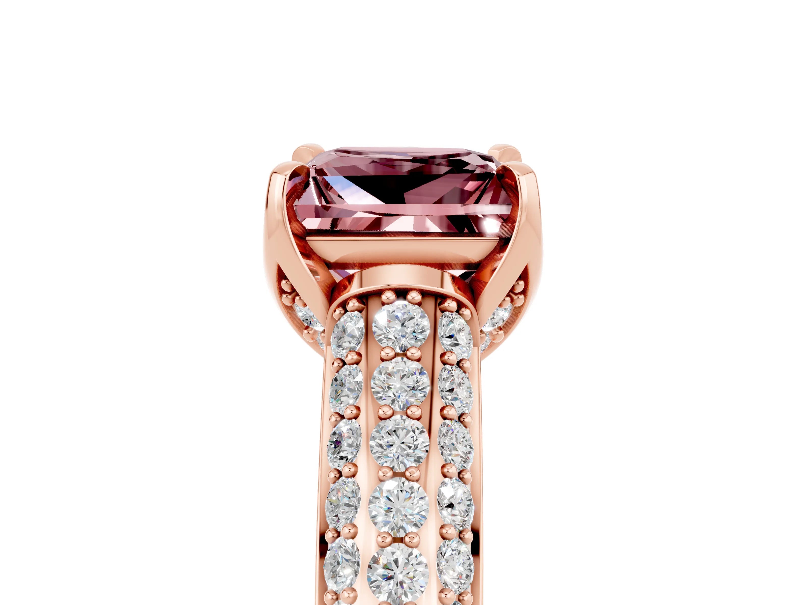 Rose gold Princess Cut Morganite Solitaire Ring with Three-Row Pavé Band and Four-Prong Setting_17
