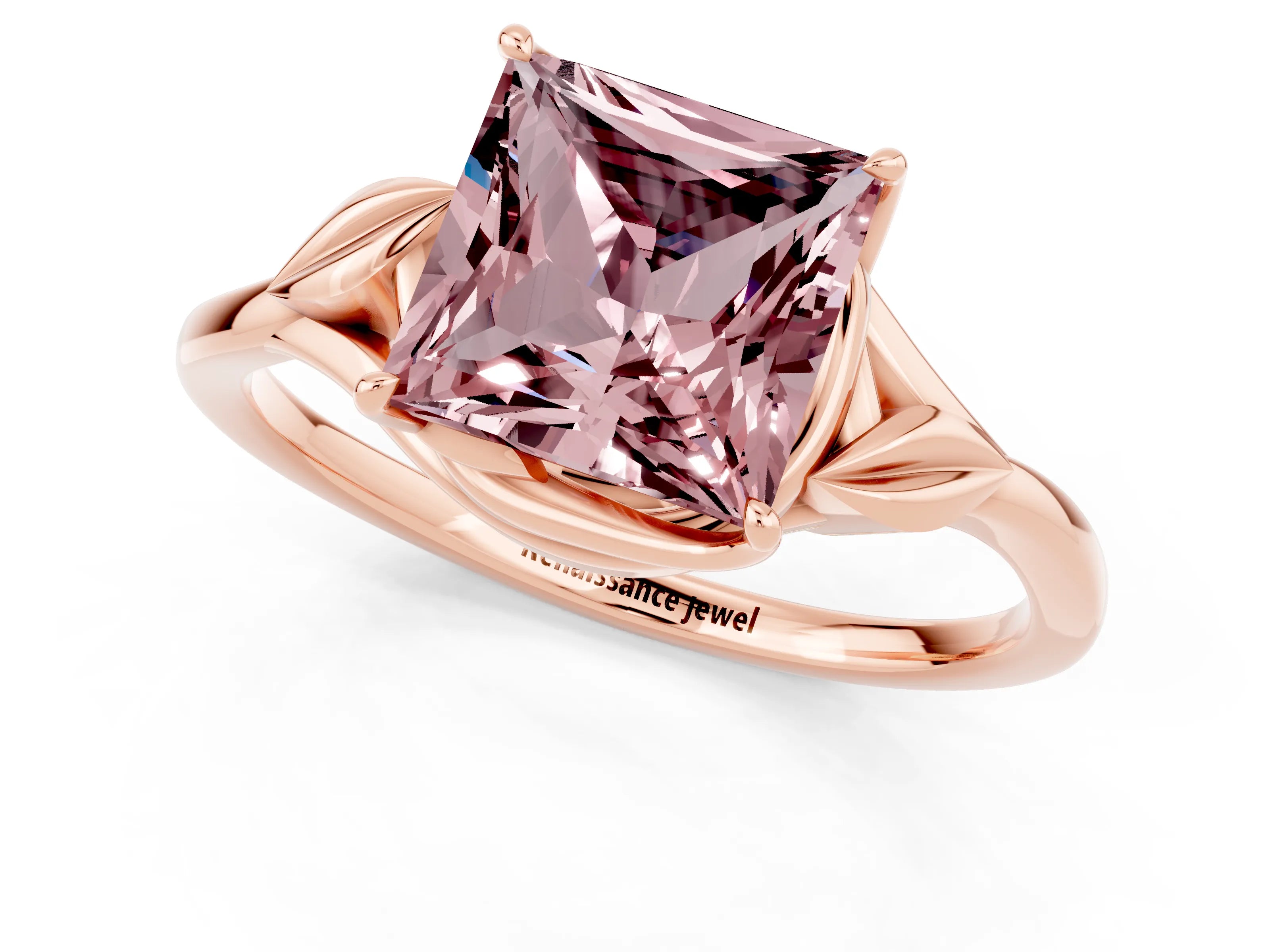 Rose gold Princess Cut Morganite Solitaire Ring with Twist Band and Four-Prong Setting_25
