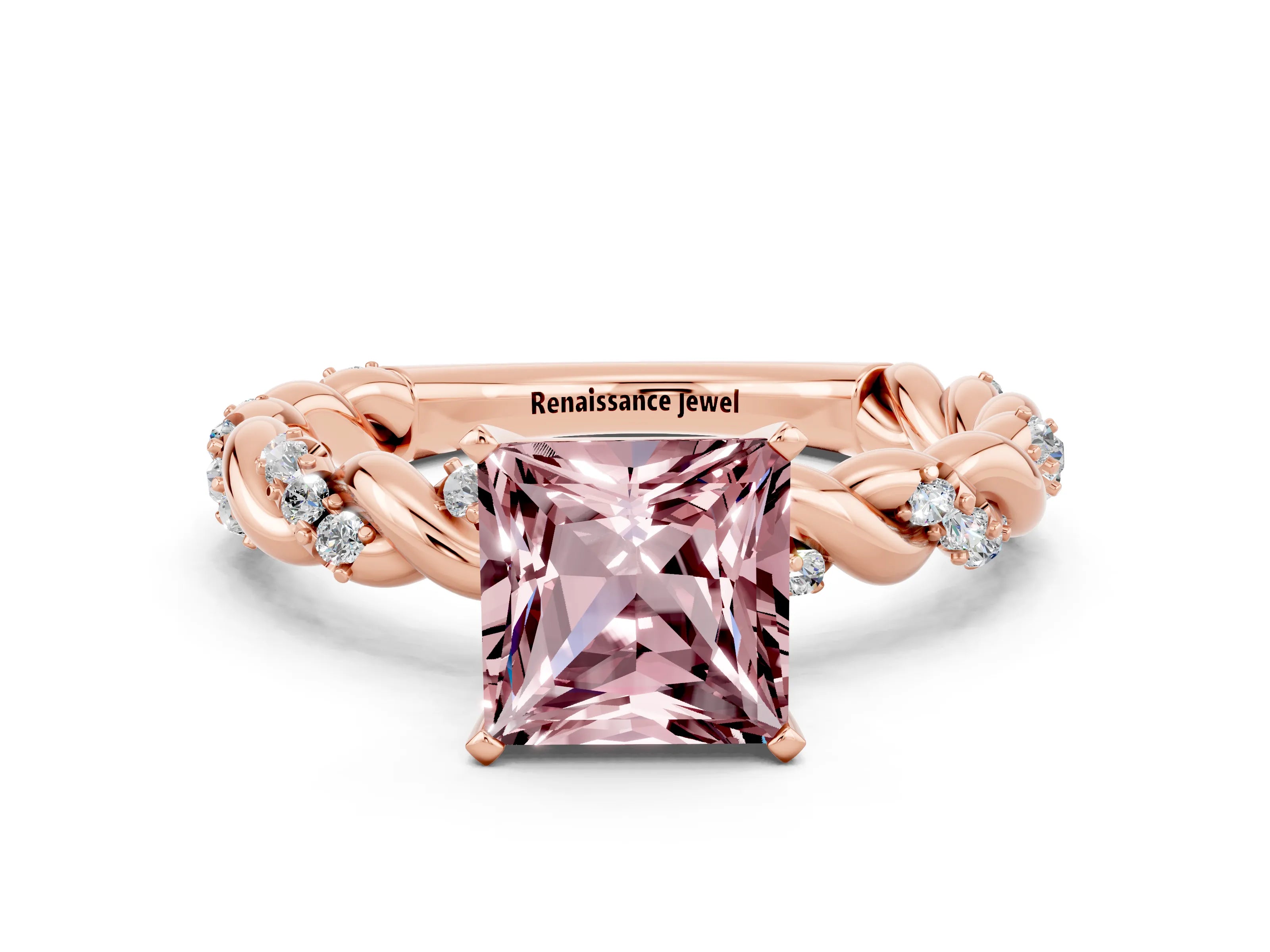 Rose gold Princess Cut Morganite Solitaire Ring with Twisted Band and Pavé Accents