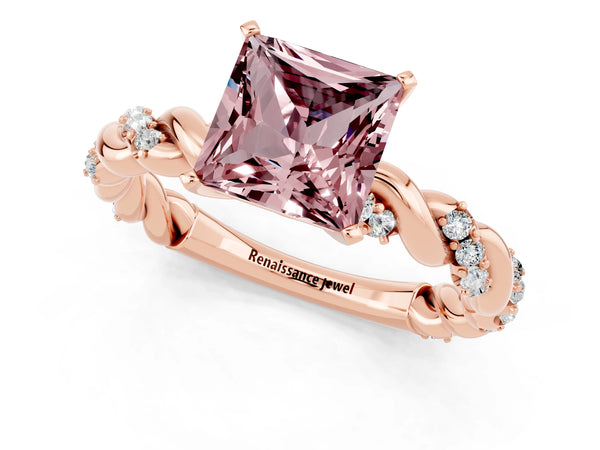Rose gold Princess Cut Morganite Solitaire Ring with Twisted Band and Pavé Accents