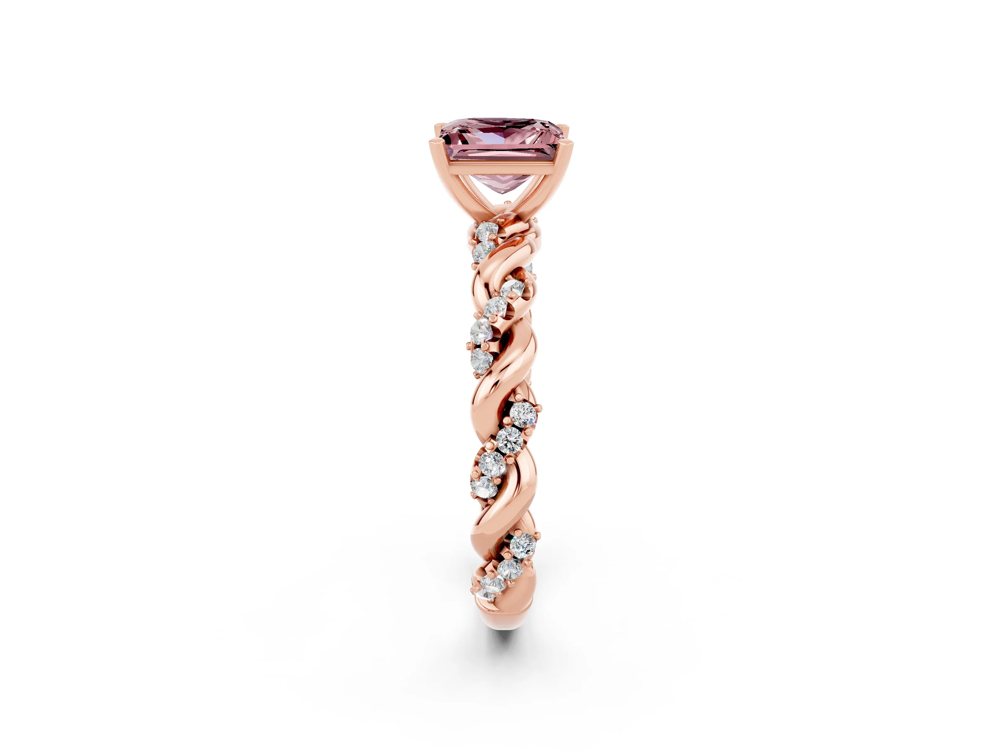Rose gold Princess Cut Morganite Solitaire Ring with Twisted Band and Pavé Accents_2
