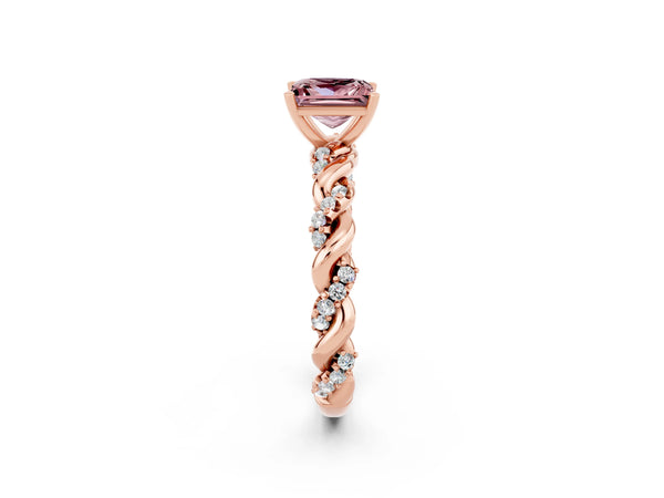 Rose gold Princess Cut Morganite Solitaire Ring with Twisted Band and Pavé Accents