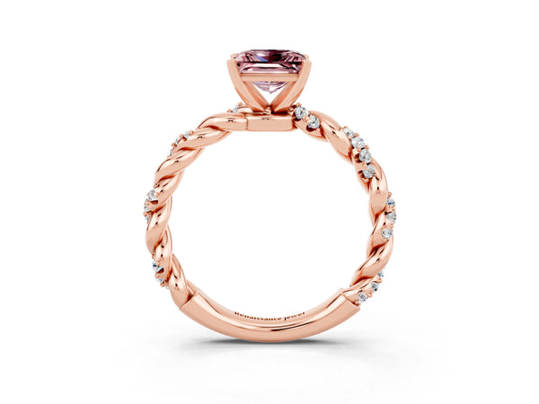 Rose gold Princess Cut Morganite Solitaire Ring with Twisted Band and Pavé Accents