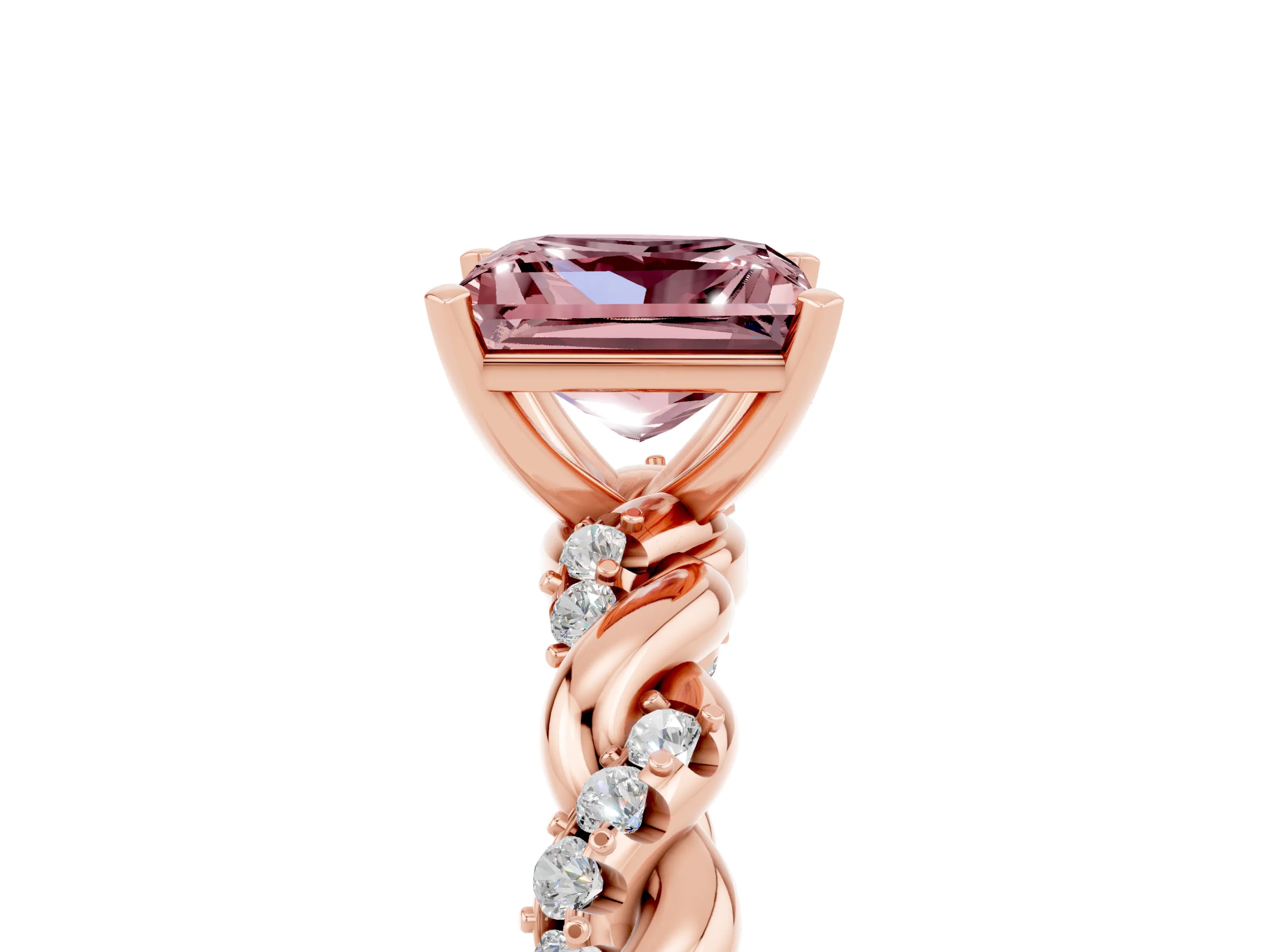 Rose gold Princess Cut Morganite Solitaire Ring with Twisted Band and Pavé Accents_5
