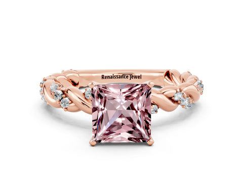 Rose gold Princess Cut Morganite Solitaire Ring with Twisted Band and Pavé Accents