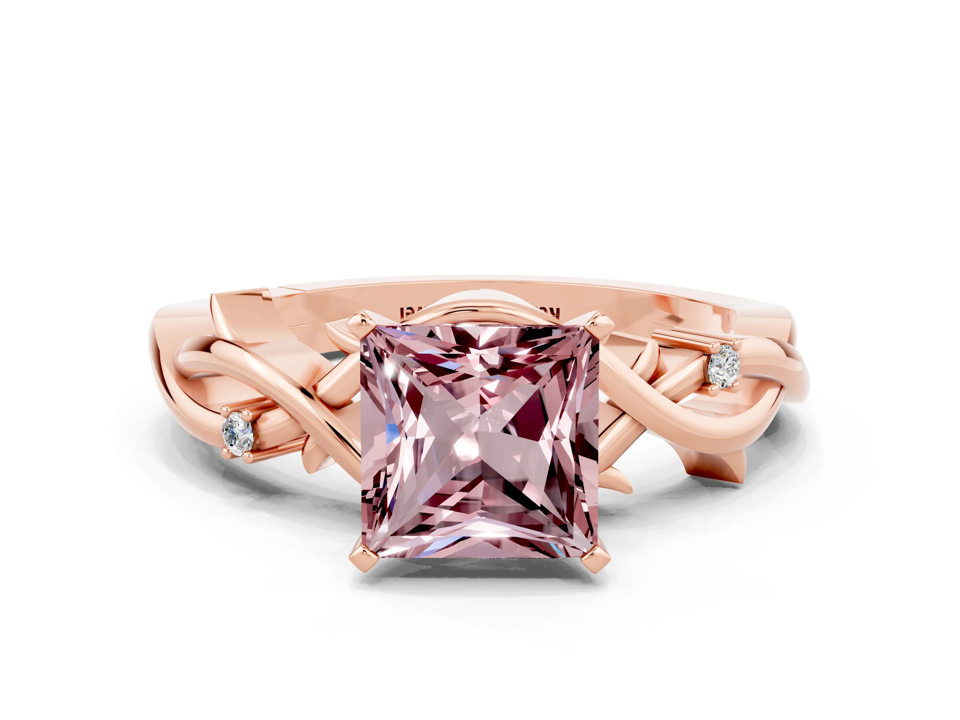 Rose gold Princess Cut Morganite Solitaire Ring with Twisted Band and Prong Setting