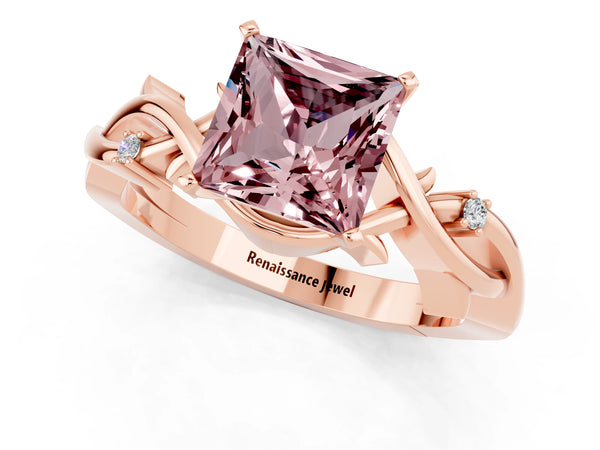 Rose gold Princess Cut Morganite Solitaire Ring with Twisted Band and Prong Setting