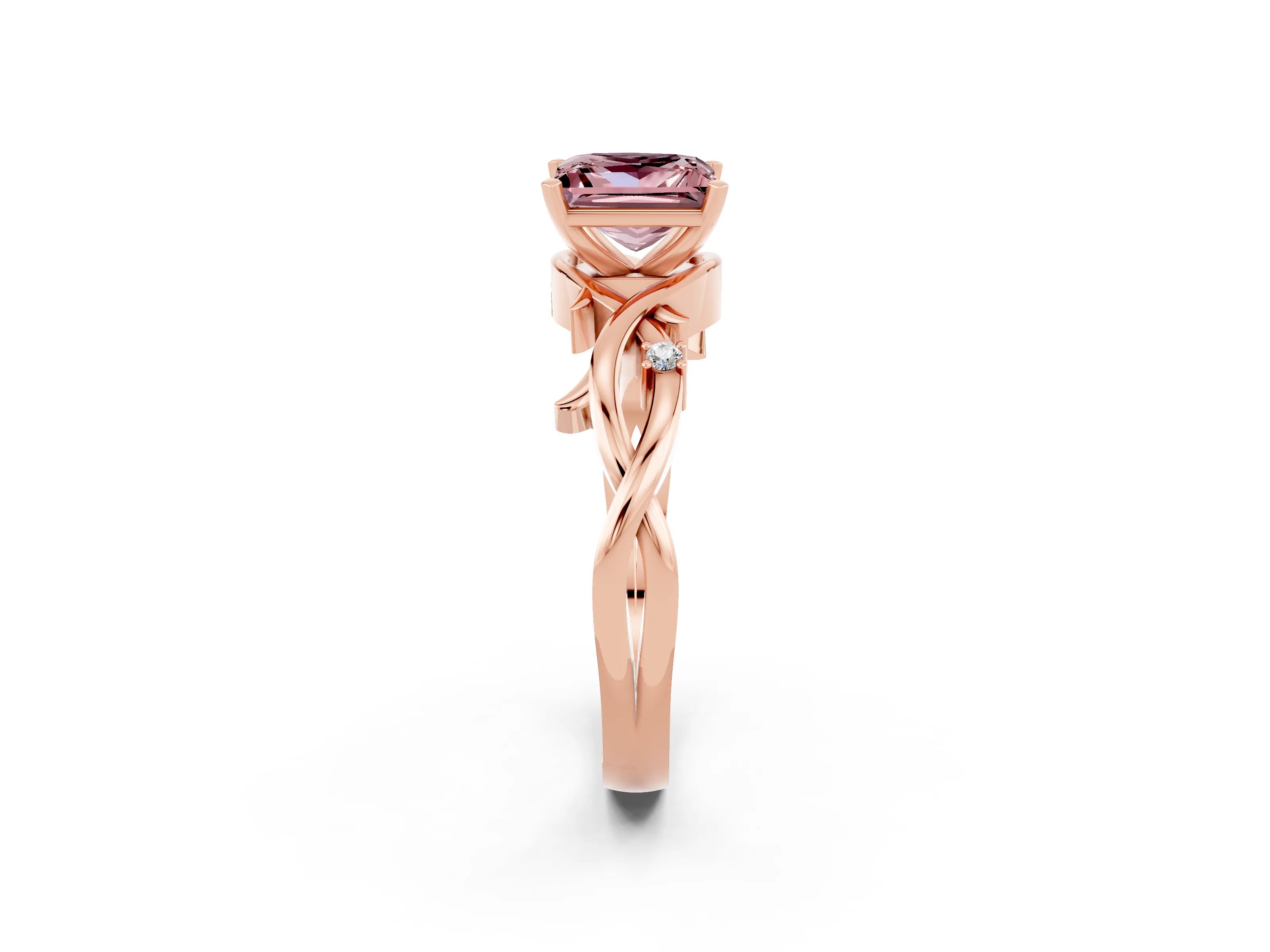 Rose gold Princess Cut Morganite Solitaire Ring with Twisted Band and Prong Setting_2