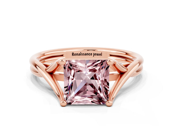 Rose gold Princess Cut Morganite Solitaire Twist Band Prong Setting Ring