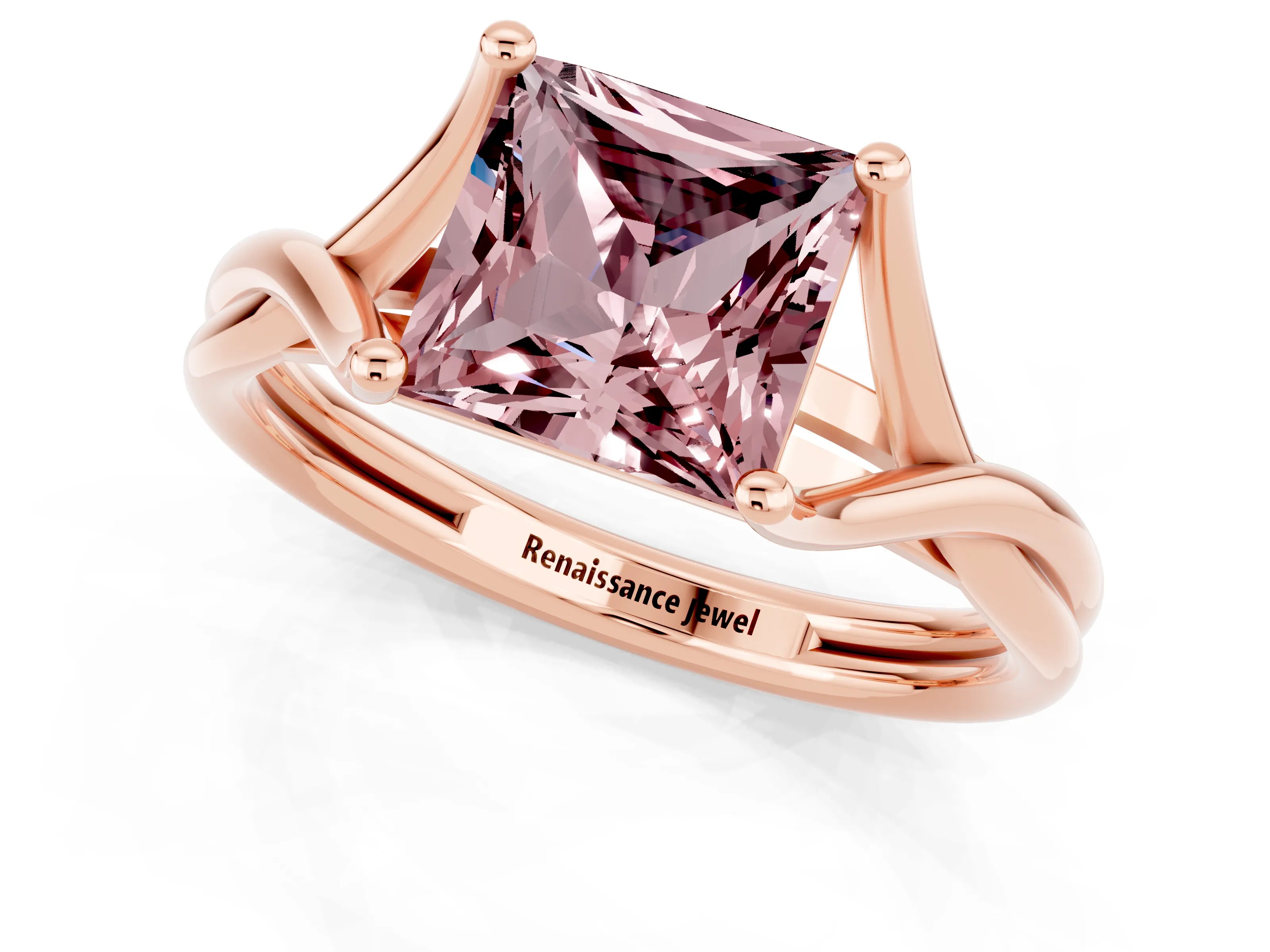 Rose gold Princess Cut Morganite Solitaire Twist Band Prong Setting Ring_37