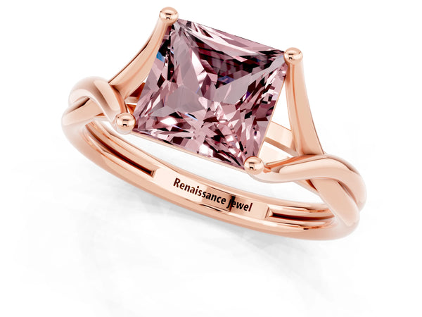 Rose gold Princess Cut Morganite Solitaire Twist Band Prong Setting Ring
