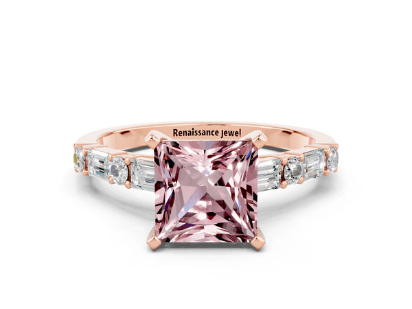 Rose gold Princess Cut Morganite Solitaire with Side Baguettes and Channel Set Band