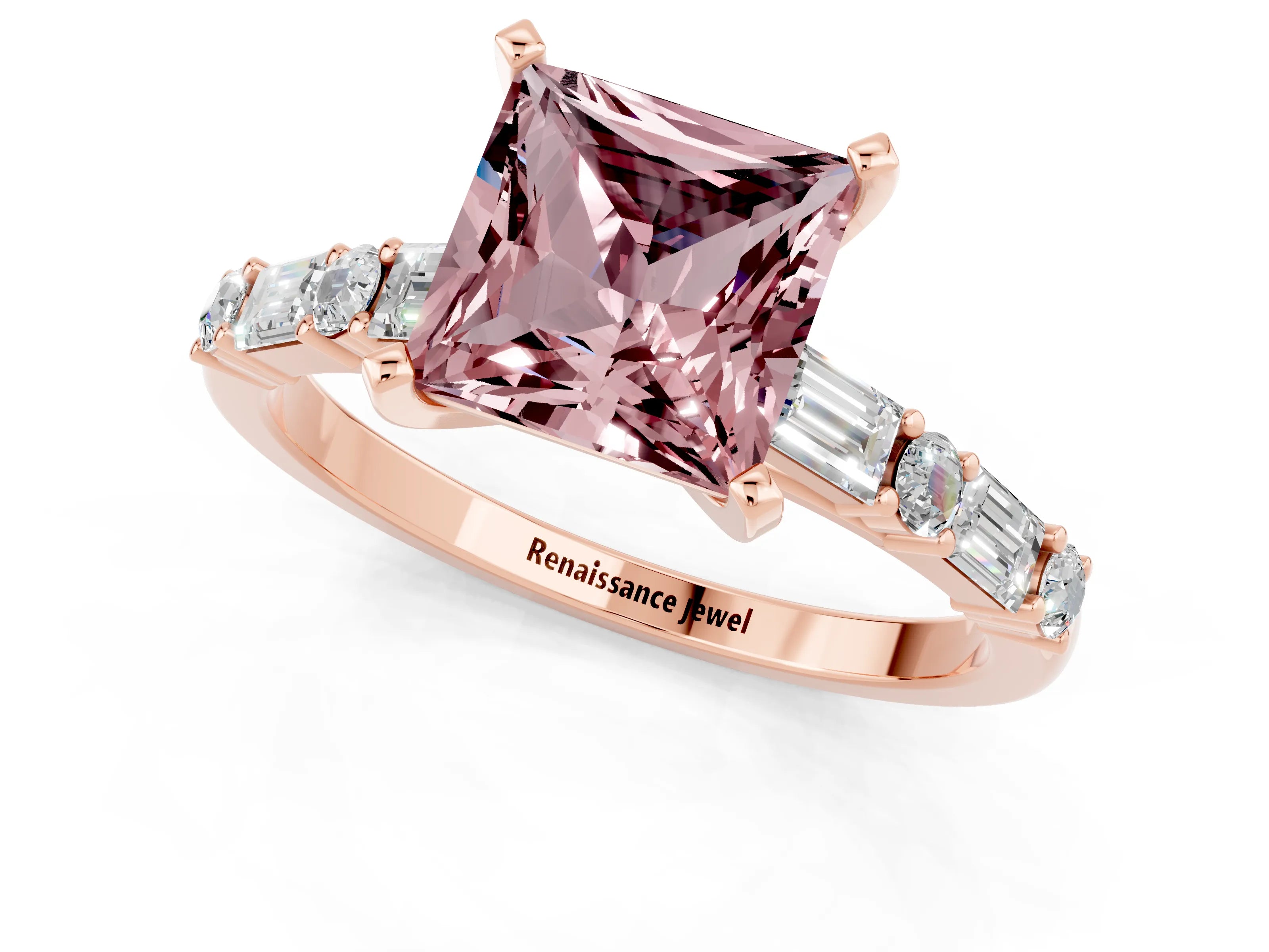 Rose gold Princess Cut Morganite Solitaire with Side Baguettes and Channel Set Band_1