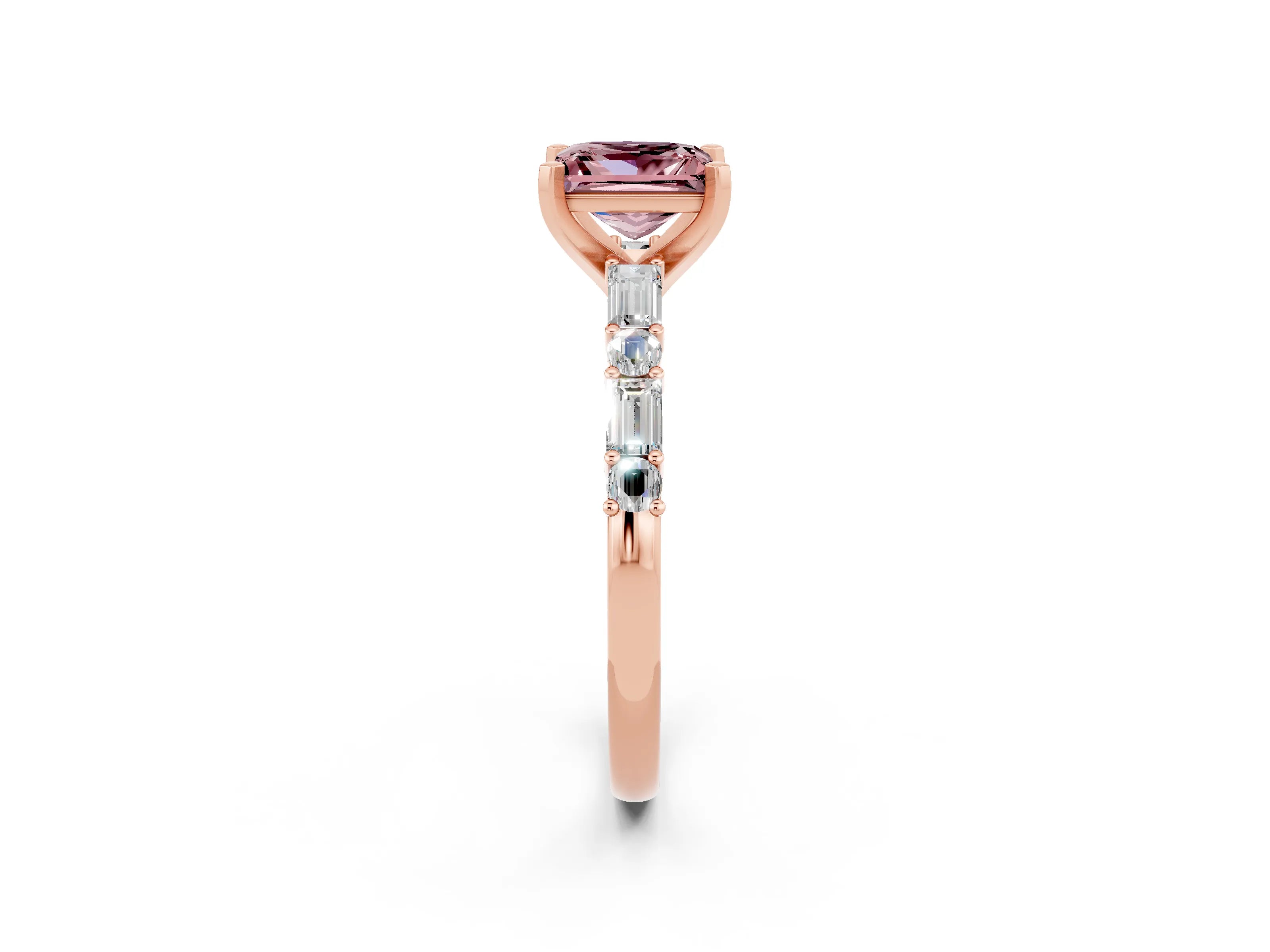Rose gold Princess Cut Morganite Solitaire with Side Baguettes and Channel Set Band_2