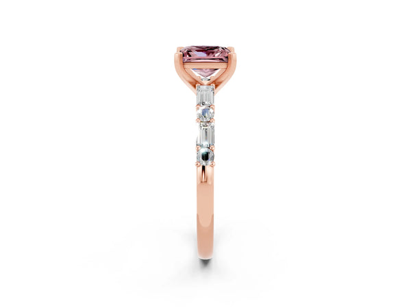 Rose gold Princess Cut Morganite Solitaire with Side Baguettes and Channel Set Band