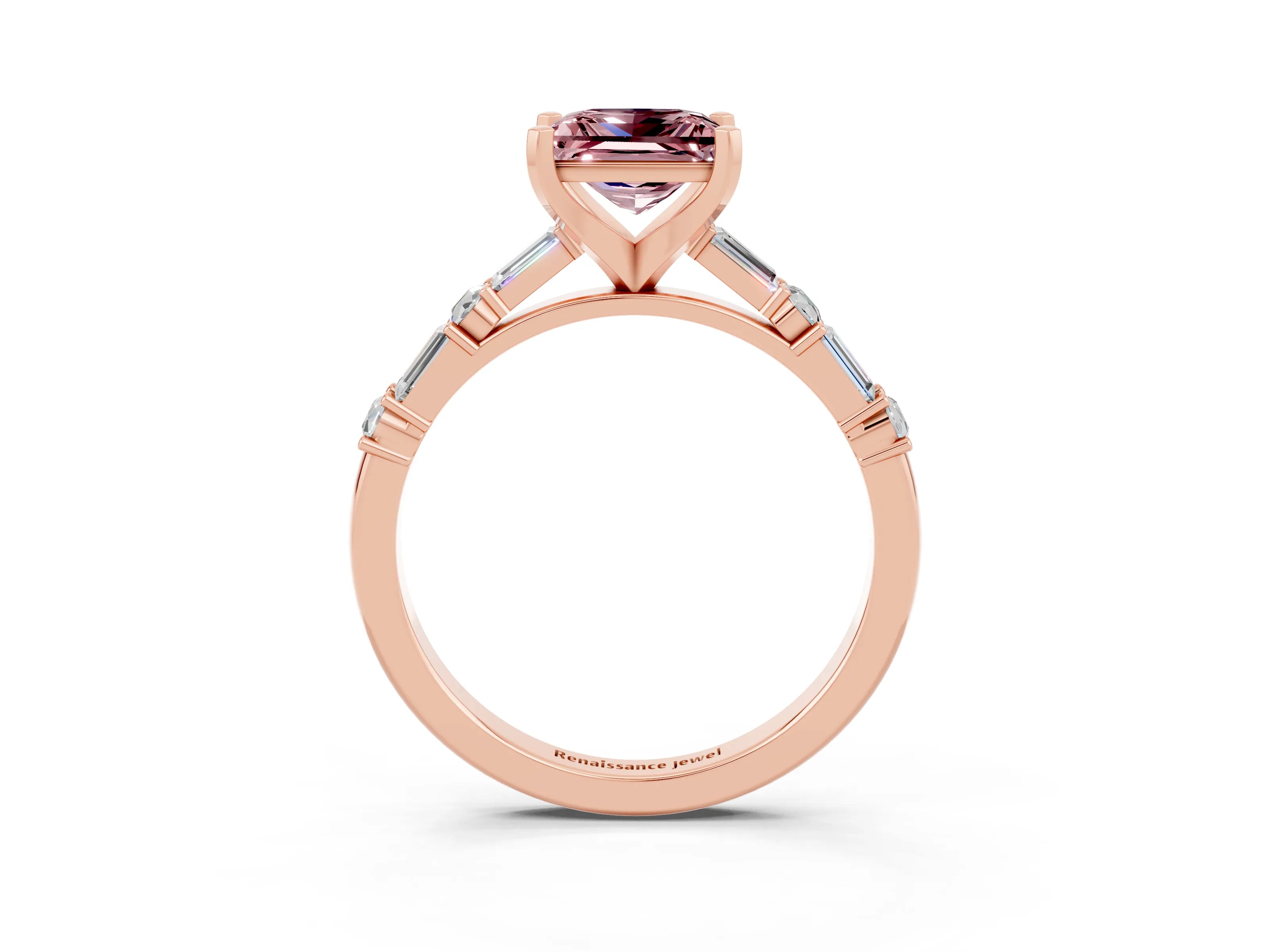 Rose gold Princess Cut Morganite Solitaire with Side Baguettes and Channel Set Band_3