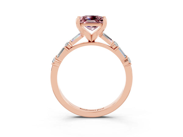 Rose gold Princess Cut Morganite Solitaire with Side Baguettes and Channel Set Band