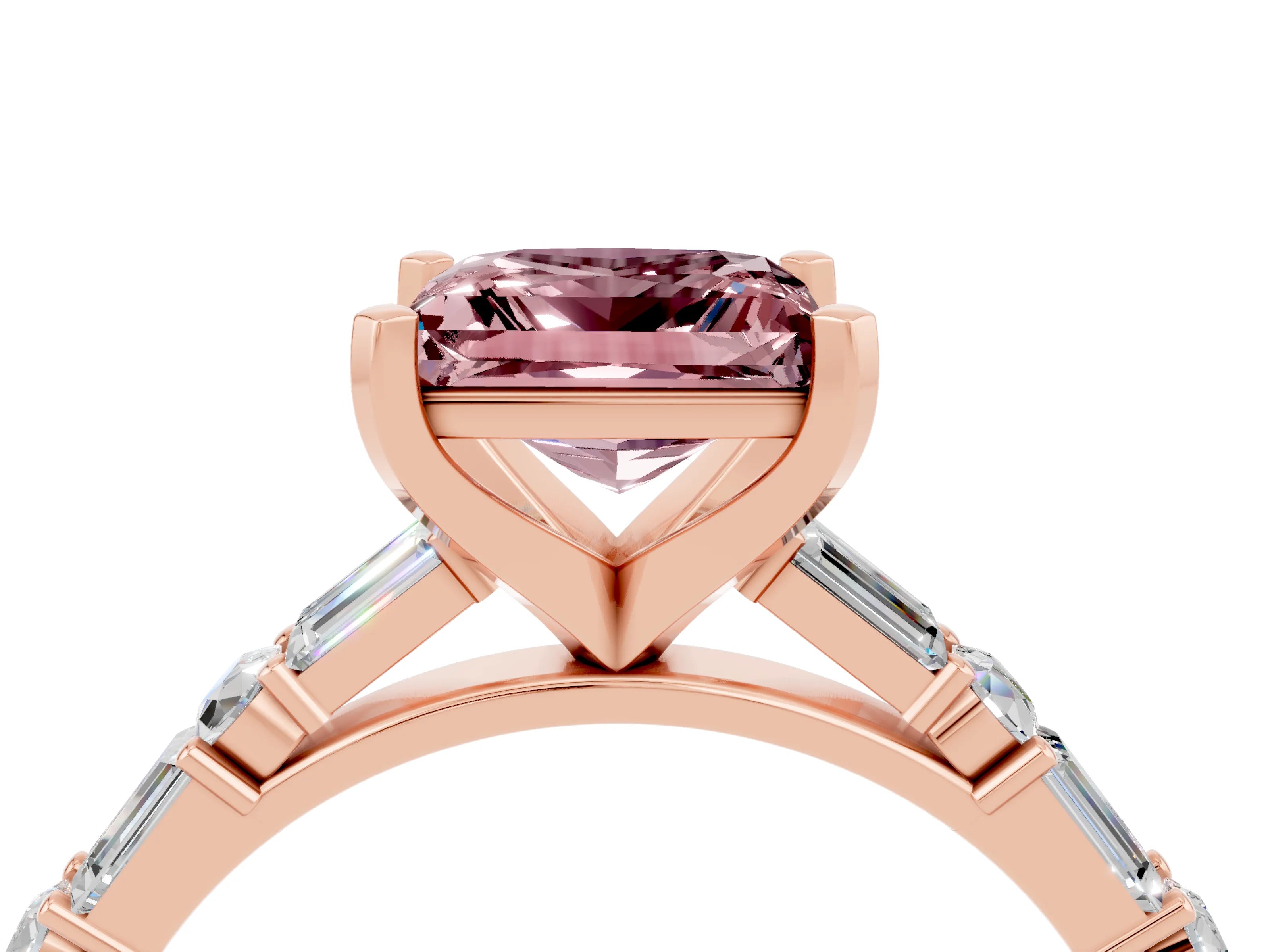 Rose gold Princess Cut Morganite Solitaire with Side Baguettes and Channel Set Band_4