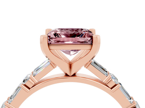 Rose gold Princess Cut Morganite Solitaire with Side Baguettes and Channel Set Band_4