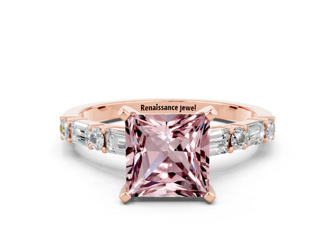 Rose gold Princess Cut Morganite Solitaire with Side Baguettes and Channel Set Band