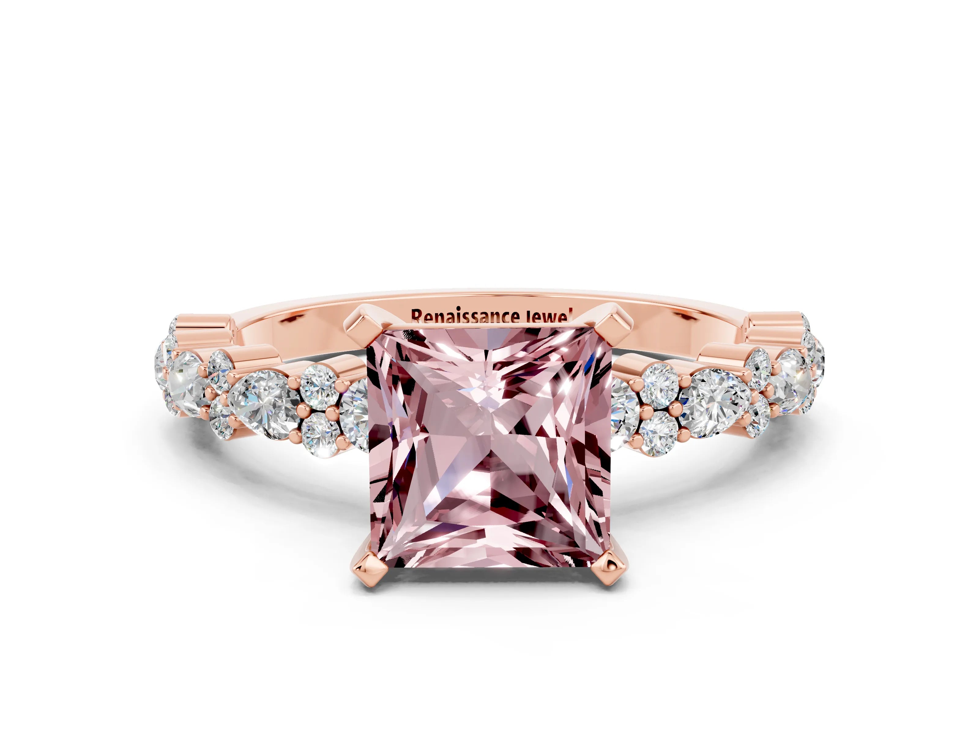 Rose gold Princess Cut Morganite Solitaire with Side Stones, Pave Band, Four-Prong Setting_12