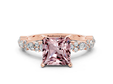 Rose gold Princess Cut Morganite Solitaire with Side Stones, Pave Band, Four-Prong Setting_12