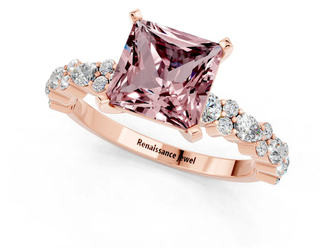 Rose gold Princess Cut Morganite Solitaire with Side Stones, Pave Band, Four-Prong Setting_13