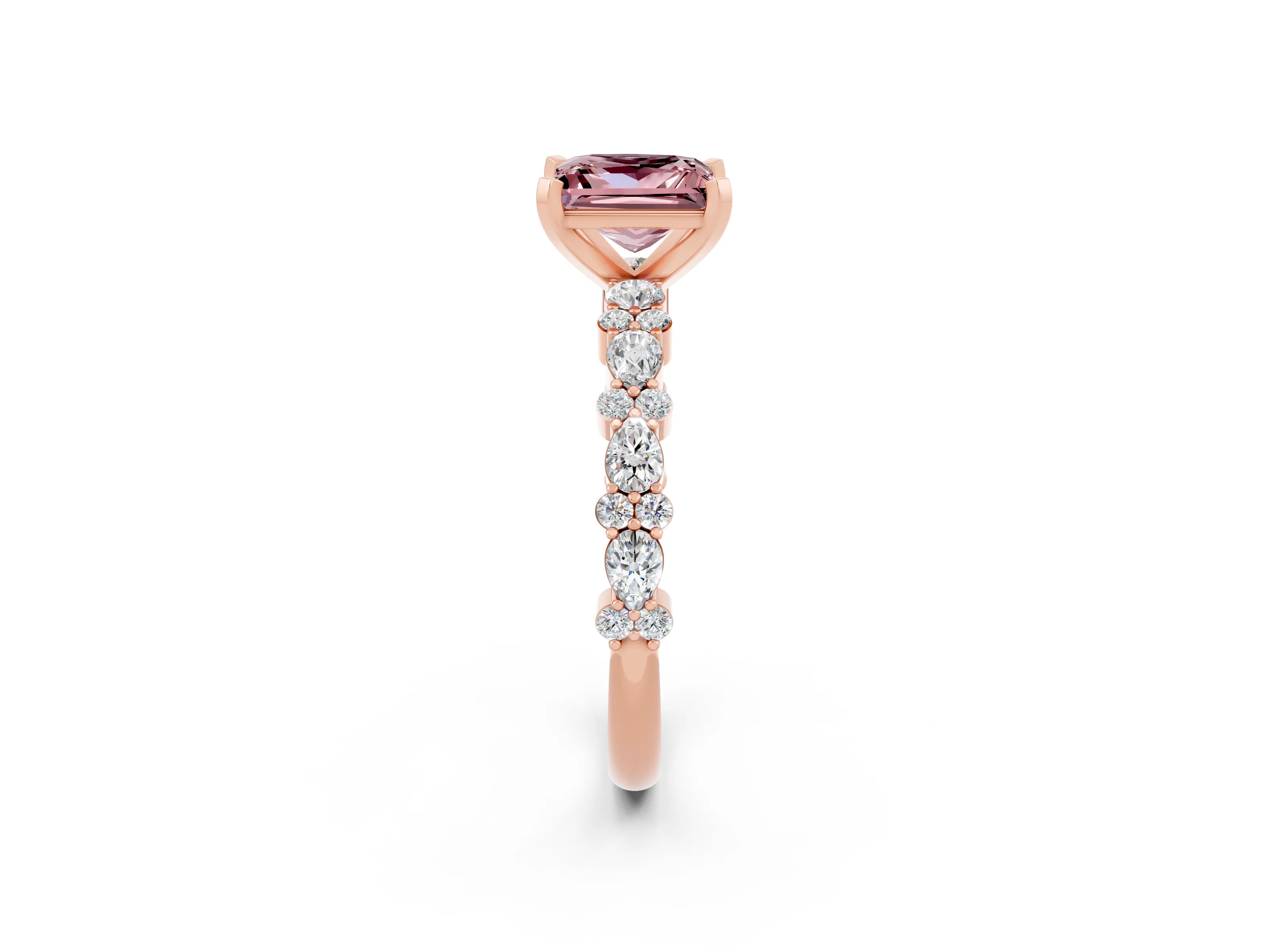 Rose gold Princess Cut Morganite Solitaire with Side Stones, Pave Band, Four-Prong Setting_14