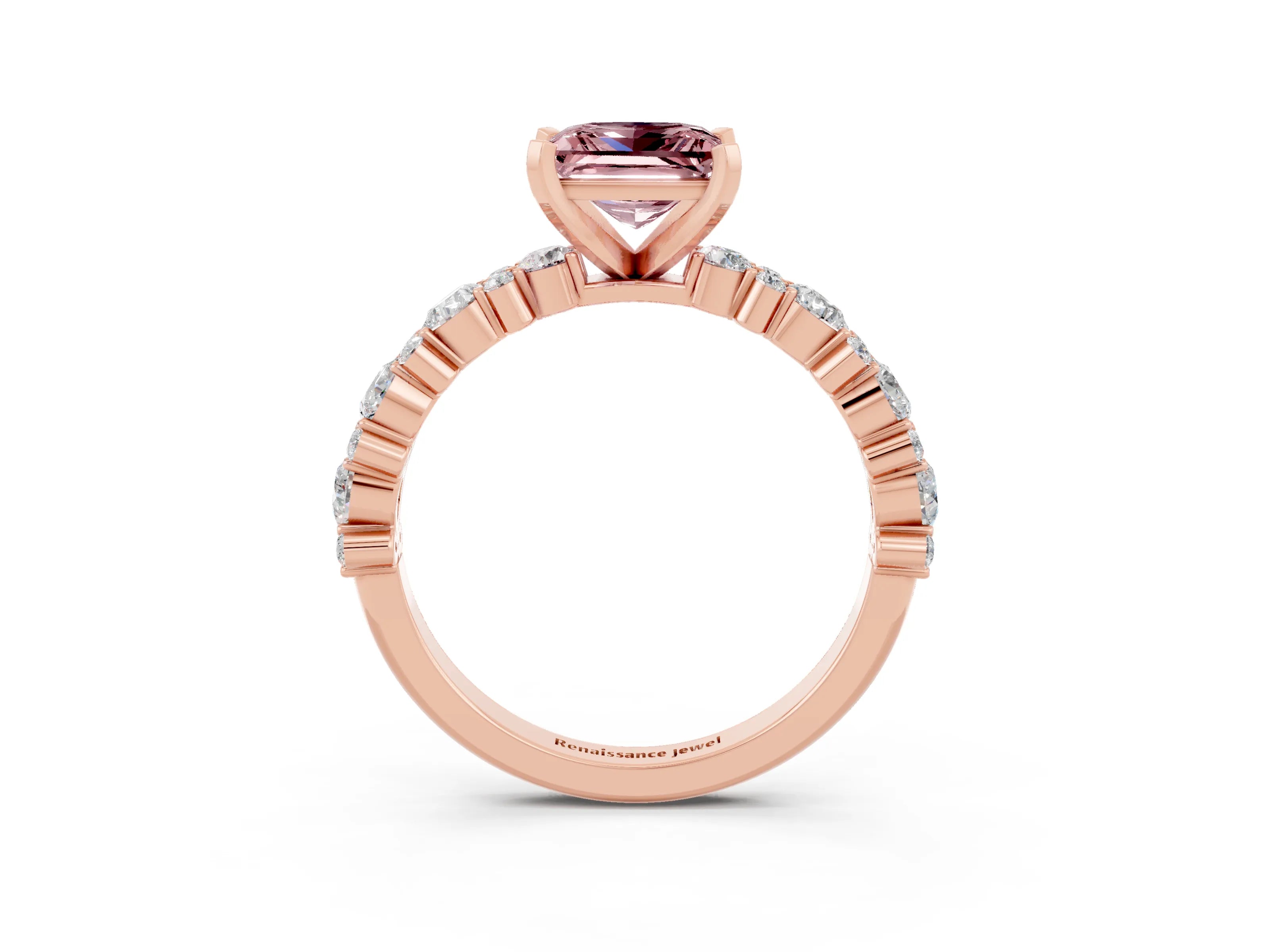 Rose gold Princess Cut Morganite Solitaire with Side Stones, Pave Band, Four-Prong Setting_15