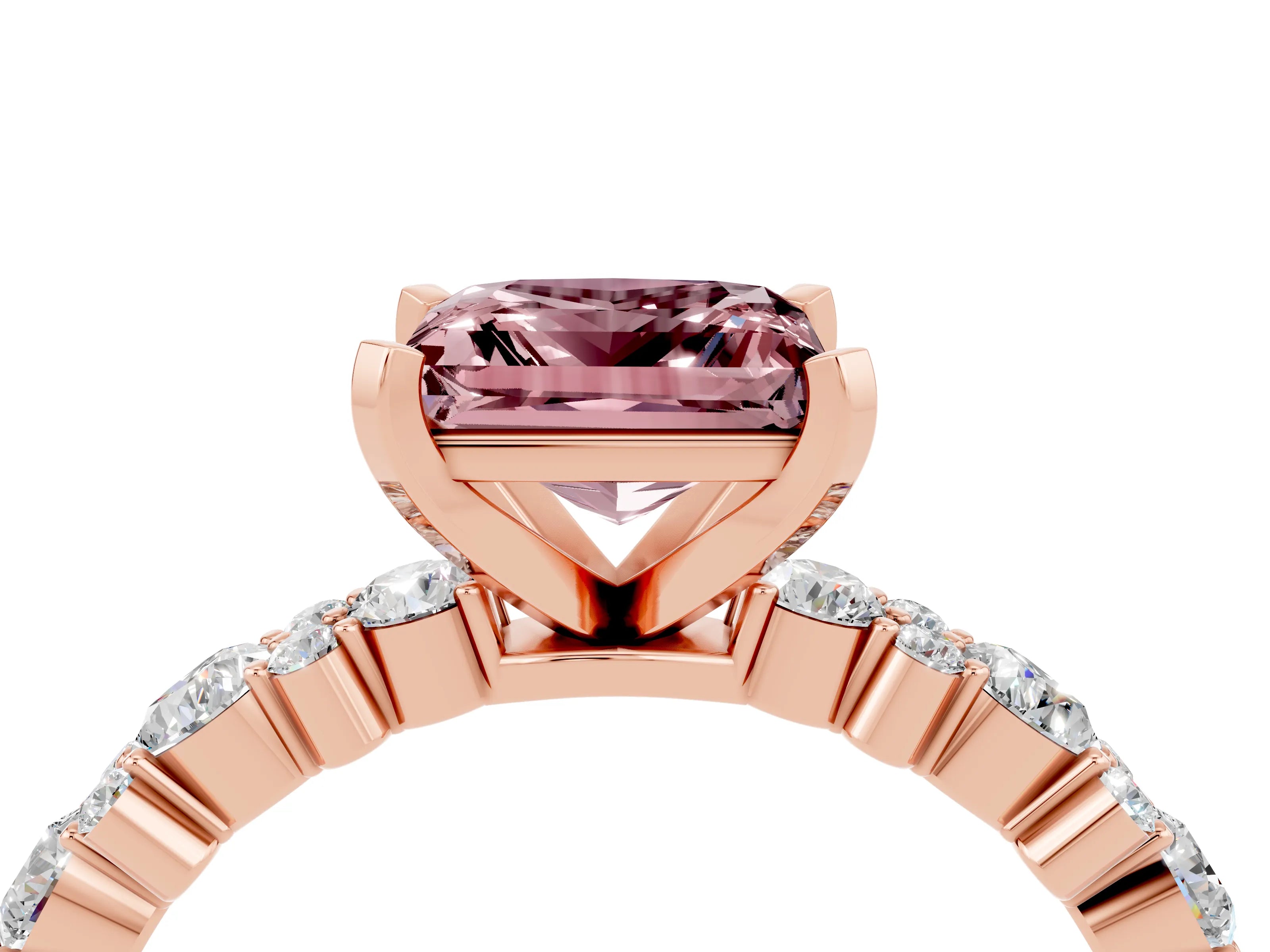 Rose gold Princess Cut Morganite Solitaire with Side Stones, Pave Band, Four-Prong Setting_16
