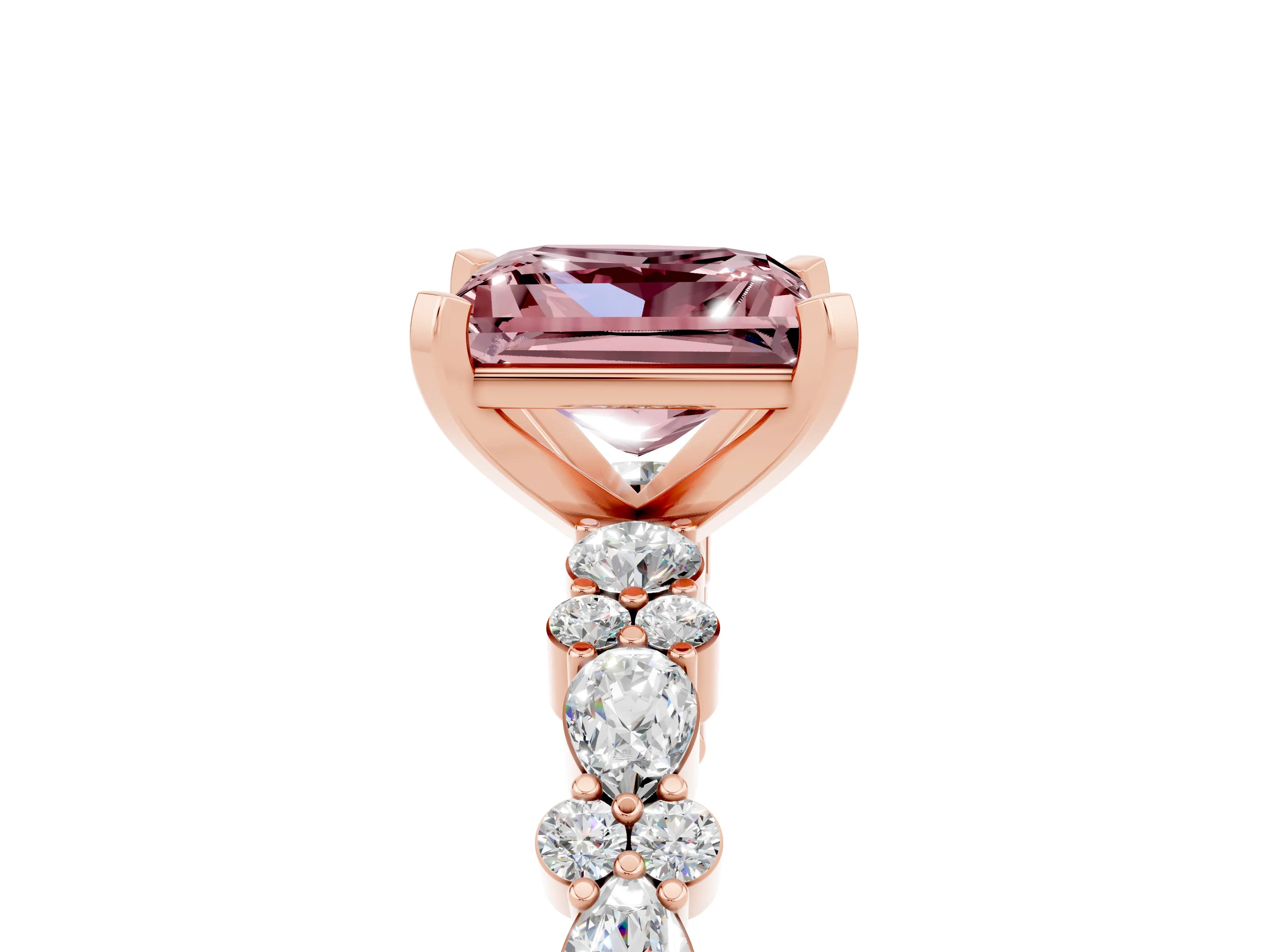 Rose gold Princess Cut Morganite Solitaire with Side Stones, Pave Band, Four-Prong Setting_17