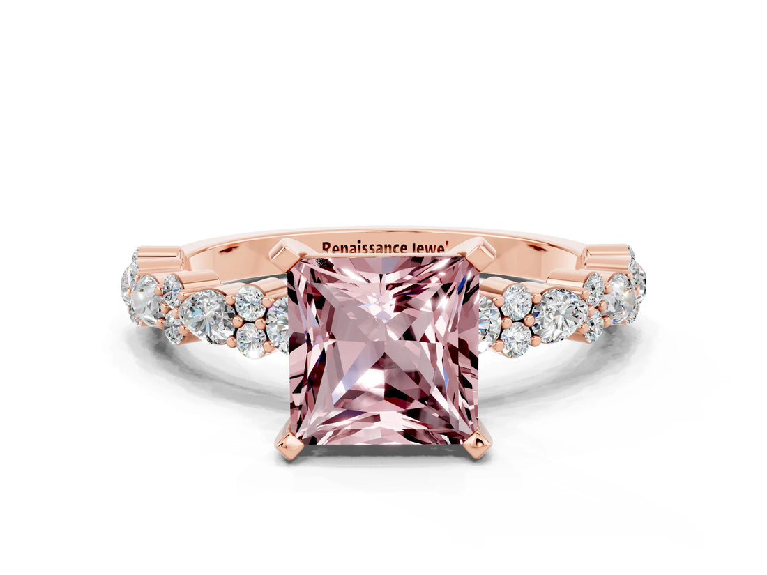 Rose gold Princess Cut Morganite Solitaire with Side Stones, Pave Band, Four-Prong Setting_36