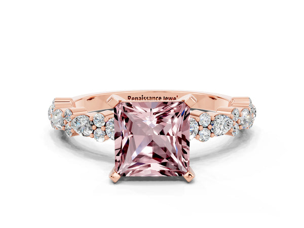 Rose gold Princess Cut Morganite Side Stone Solitaire Ring with Round  and Four-Prong Setting