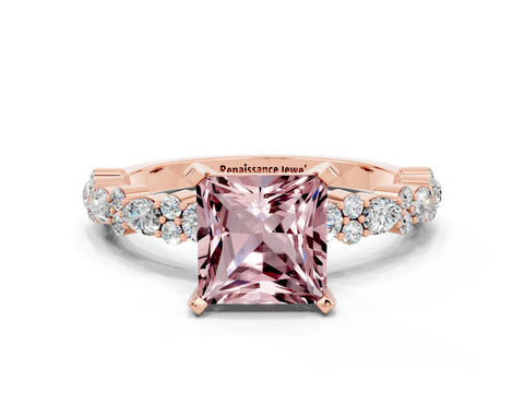 Rose gold Princess Cut Morganite Solitaire with Side Stones, Pave Band, Four-Prong Setting_36