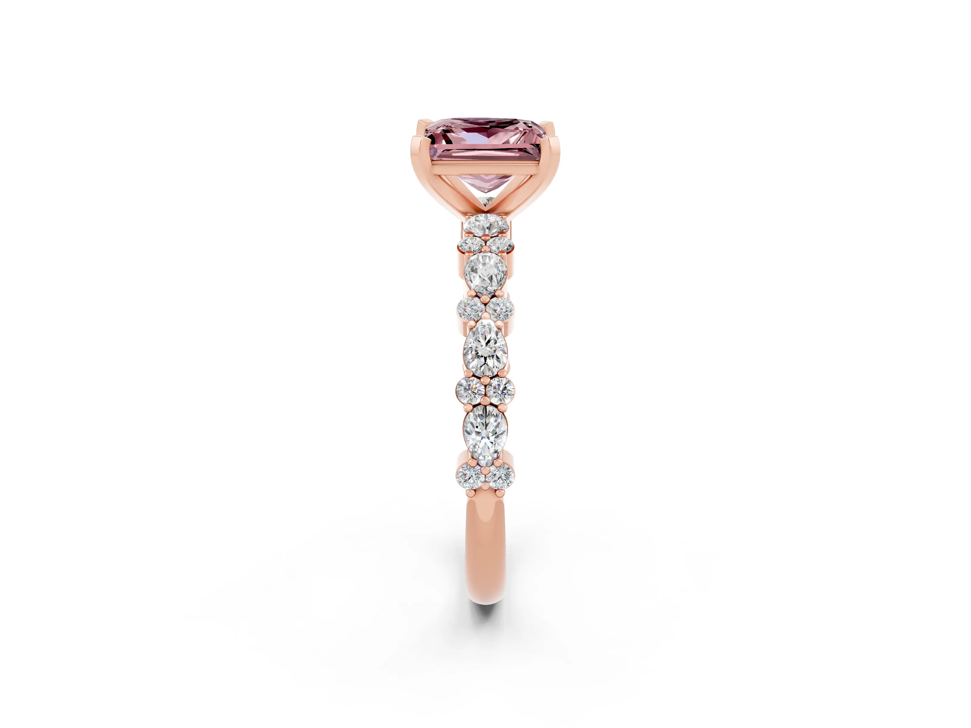 Rose gold Princess Cut Morganite Solitaire with Side Stones, Pave Band, Four-Prong Setting_38