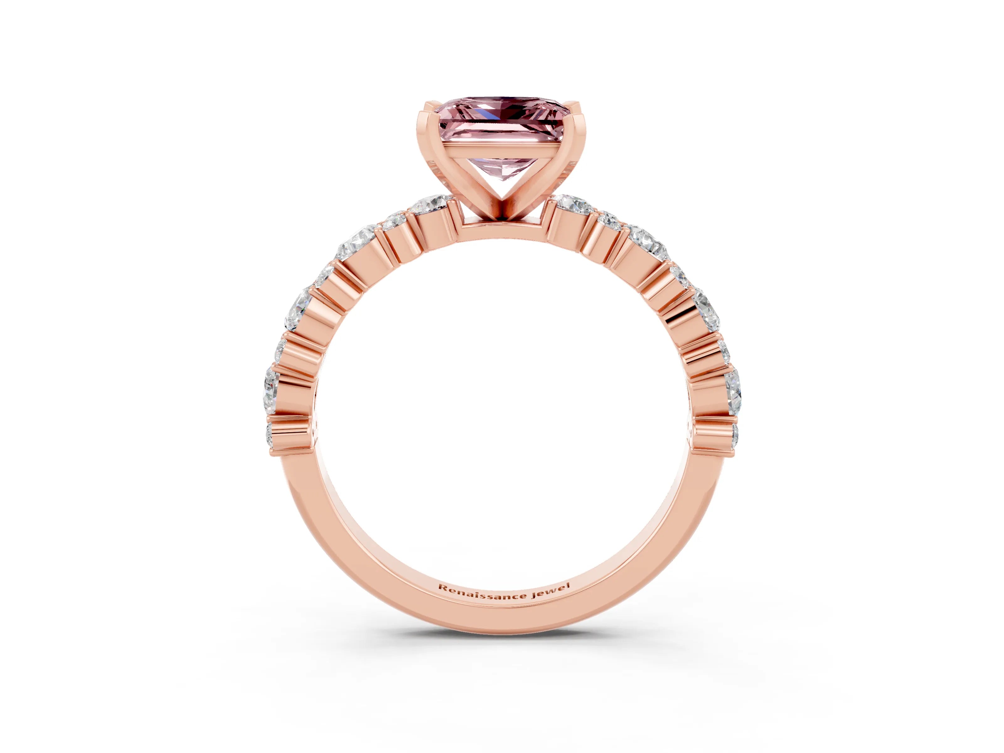 Rose gold Princess Cut Morganite Solitaire with Side Stones, Pave Band, Four-Prong Setting_39