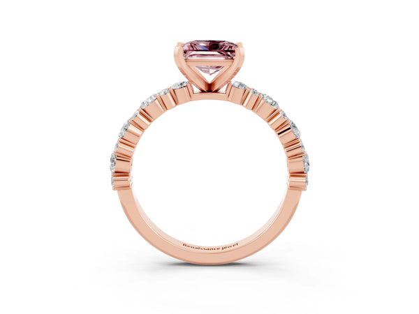 Rose gold Princess Cut Morganite Side Stone Solitaire Ring with Round  and Four-Prong Setting